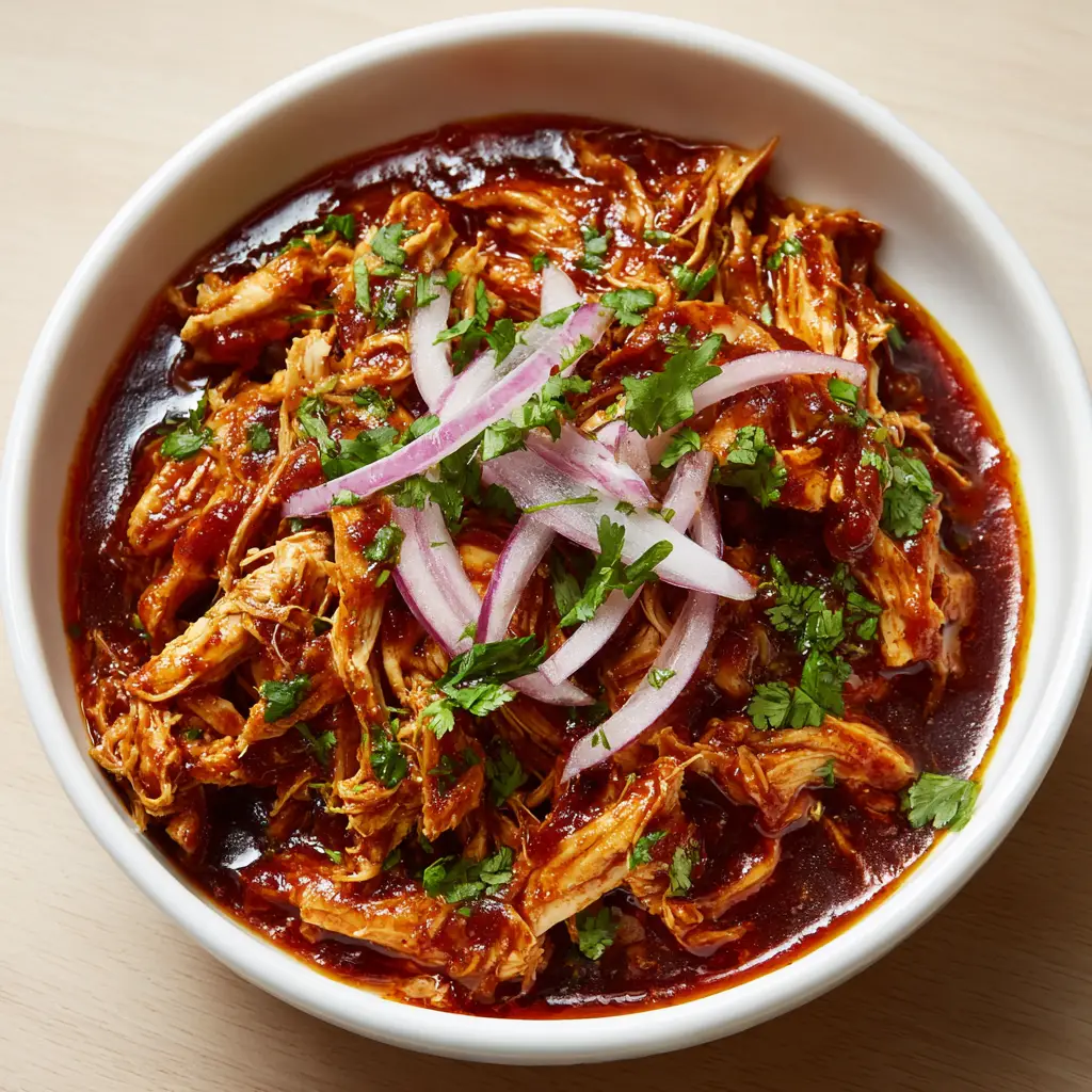 A close-up overhead shot of glossy shredded BBQ chicken in a white bowl with red onion slivers. (Healthy Summer Crockpot Recipes)