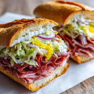 A close-up handheld smartphone photo of an Italian grinder salad sandwich sliced in half, showing layers of prosciutto, pepperoni, and melted provolone. (Italian Grinder Salad Sandwich)