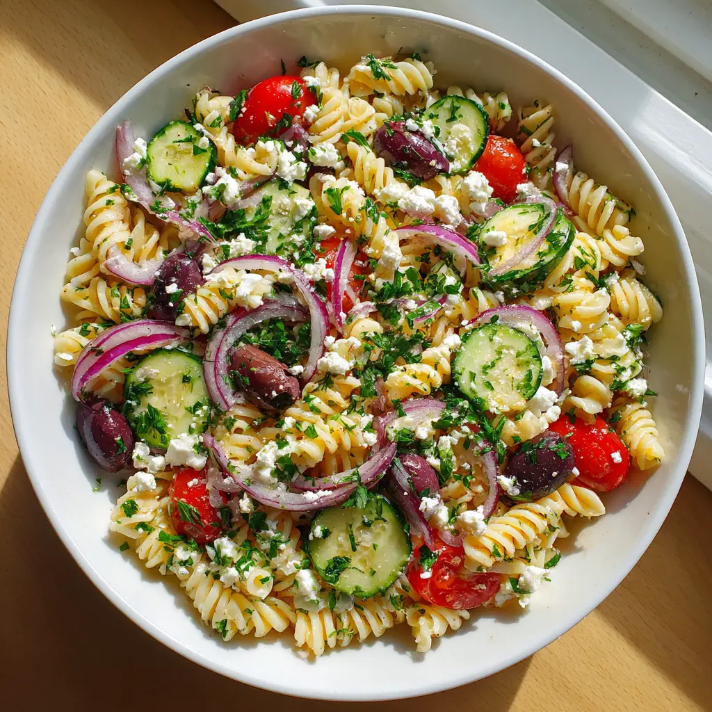 Close-up of Mediterranean Pasta Salad showing the sheen of the lemon vinaigrette on rotini and crumbled feta.