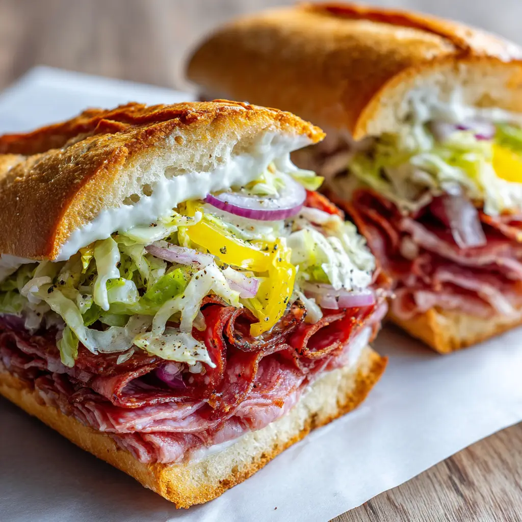 Italian Grinder Salad Sandwich: The Ultimate Viral TikTok Recipe 1 Top view of an Italian Grinder Salad Sandwich highlighting the vibrant yellow pepperoncinis and finely shredded iceberg lettuce.