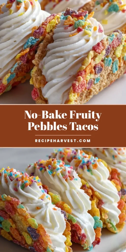 Fruity Pebbles Cheesecake Tacos: The Ultimate No-Bake Cereal Dessert 3 A handheld smartphone photo of three Fruity Pebbles Cheesecake Tacos on a white plate with rainbow cereal shells and piped white cheesecake filling.