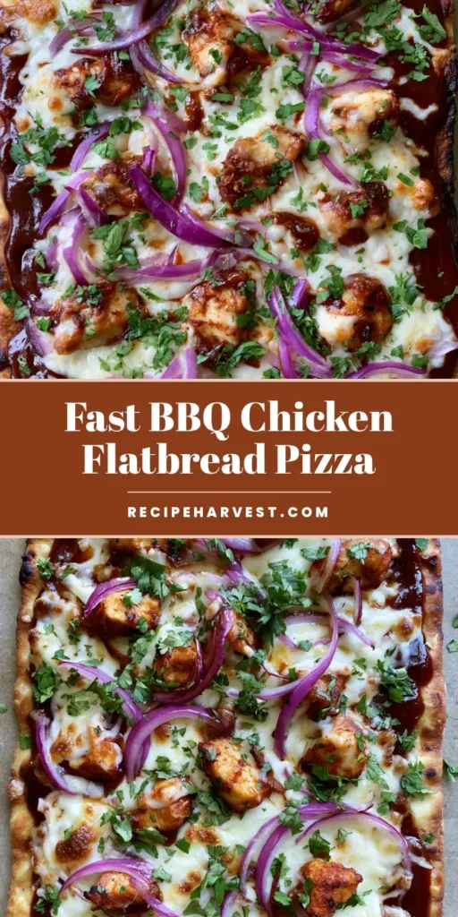 A top-down view of a rectangular BBQ Chicken Flatbread with a crispy charred crust, melted mozzarella with golden spots, and red onions.
