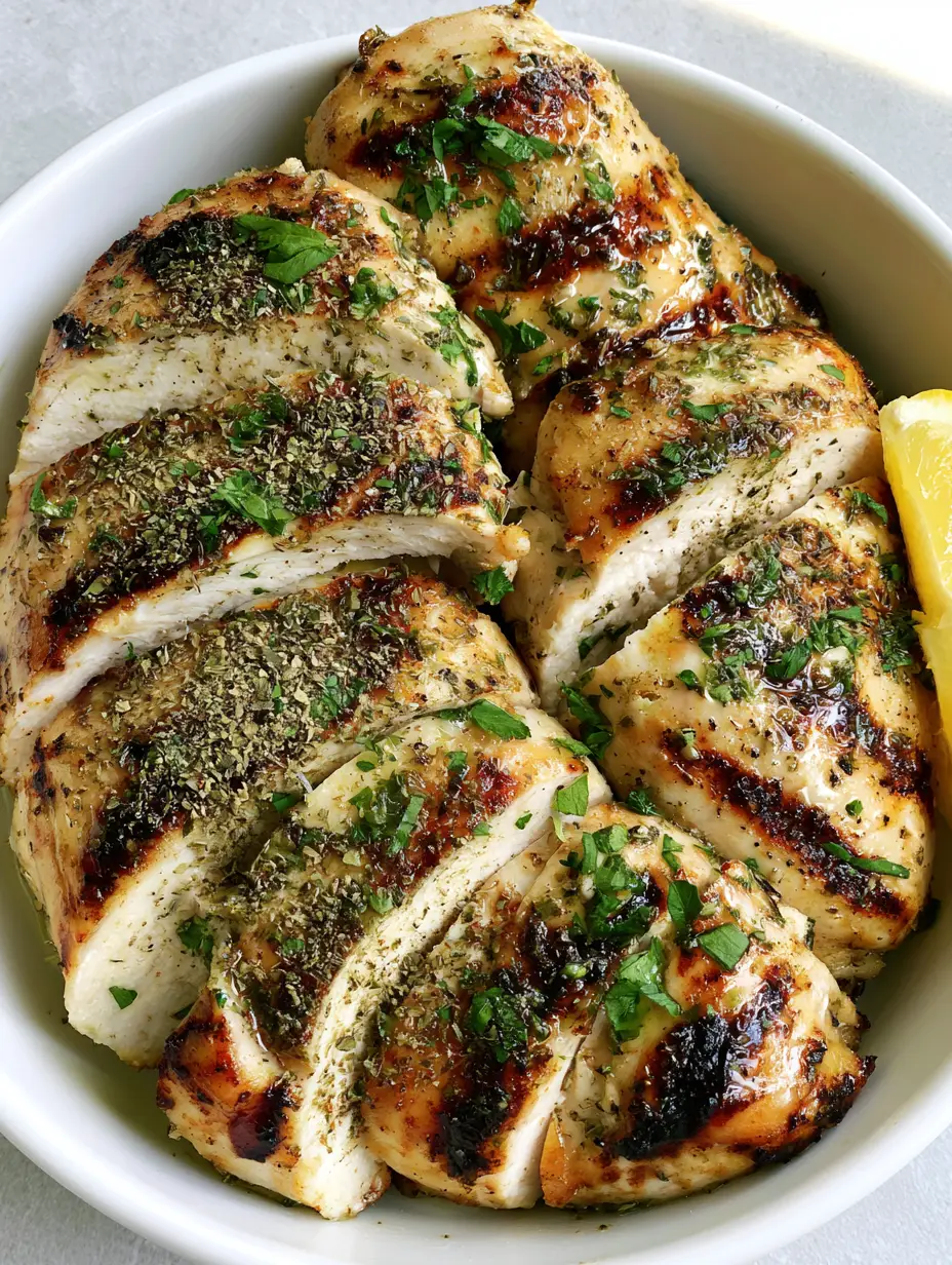 Close up of sliced Greek Grilled Chicken breast showing glistening lemon herb marinade and fresh herbs.