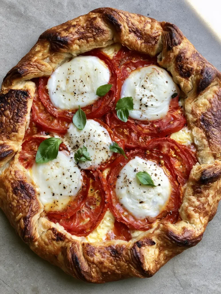 Caprese Galette: The Ultimate Flaky Savory Tomato Tart 1 Close-up of the deep golden-brown crust of a Caprese Galette with vibrant green basil leaves and cracked black pepper.