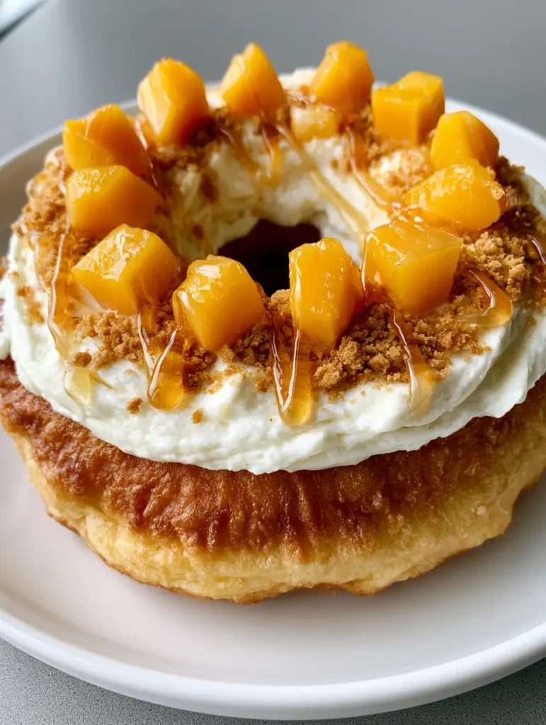 Top-down view of Peach Cobbler Cheesecake Donuts showing the uniform cubes of fresh peaches and graham cracker crumbs.