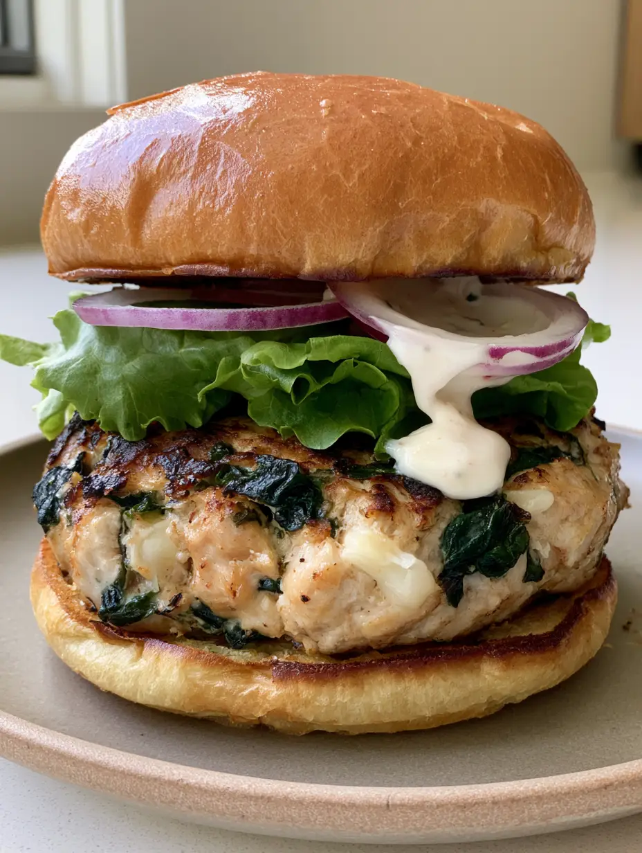 Spinach White Cheddar Chicken Burgers: The Ultimate Juicy Recipe 3 Close up handheld shot of a Spinach White Cheddar Chicken Burger showing charred edges and wilted spinach flecks.