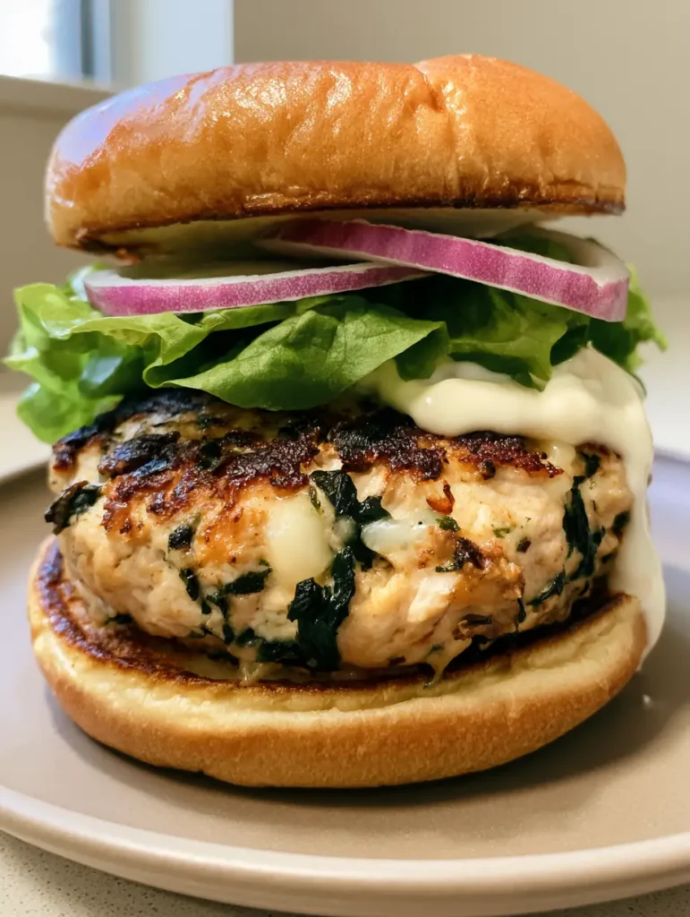 Spinach White Cheddar Chicken Burgers: The Ultimate Juicy Recipe 1 Spinach White Cheddar Chicken Burgers plated on a ceramic plate with red onion and green leaf lettuce.