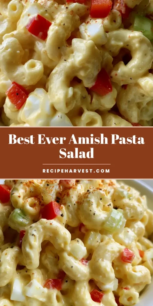 Amish Pasta Salad: The Ultimate Creamy Classic Recipe 4 A handheld smartphone photo of a white bowl filled with Amish Pasta Salad, featuring creamy macaroni, red peppers, and paprika garnish. (Amish Pasta Salad)