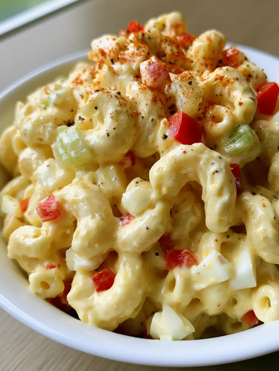 Amish Pasta Salad: The Ultimate Creamy Classic Recipe 3 Close-up of a bowl of Amish Pasta Salad showing glossy dressing and diced hard-boiled eggs. (Amish Pasta Salad)