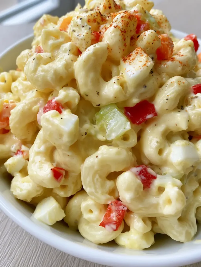 Amish Pasta Salad: The Ultimate Creamy Classic Recipe 1 A handheld bowl of Amish Pasta Salad highlighting the red bell pepper and celery crunch.