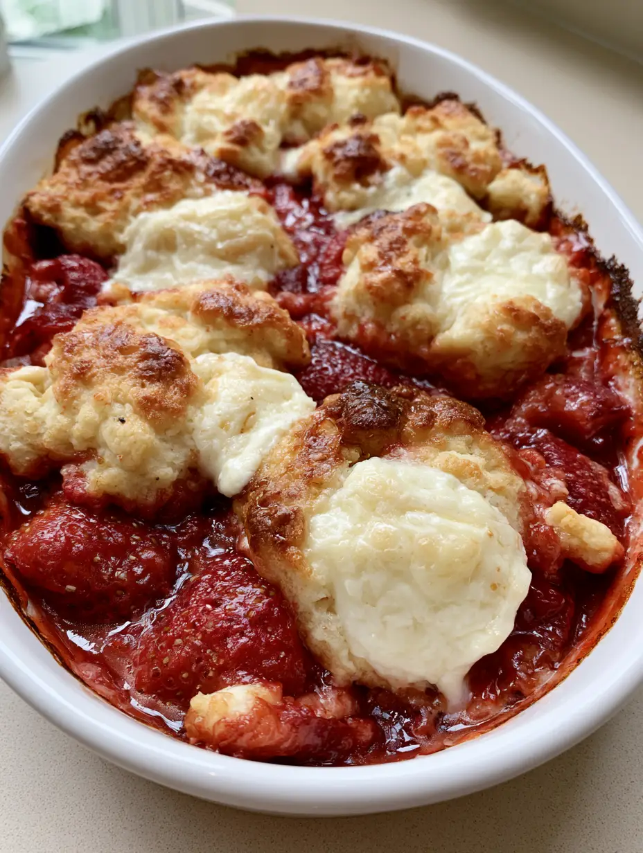Keto Strawberry Cream Cheese Cobbler: The Ultimate Low-Carb Summer Dessert 4 Close up of jammy macerated strawberries and golden keto biscuit topping in a white dish. (Keto Strawberry Cream Cheese Cobbler)