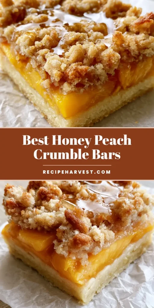 A square Peach Crumble Bar with a thick shortbread base, orange peach filling, and honey glaze on parchment paper.