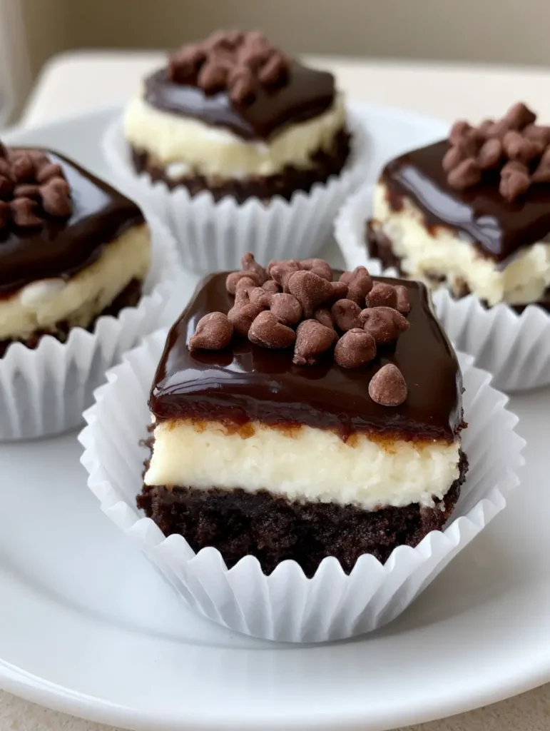 Brownie Bottom Mini Cheesecakes with Glossy Chocolate Ganache 2 A handheld smartphone photo of Brownie Bottom Mini Cheesecakes on a white plate.
