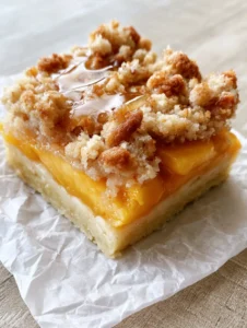 Handheld photo of a Peach Crumble Bar showing the distinct layers of pale shortbread and toasted crumble.