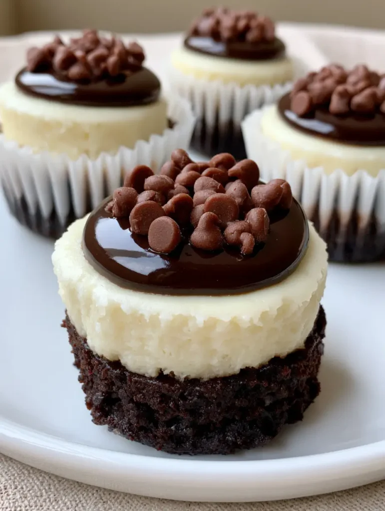 Brownie Bottom Mini Cheesecakes with Glossy Chocolate Ganache 1 Top down view of glossy Brownie Bottom Mini Cheesecakes garnished with mini chocolate chips.