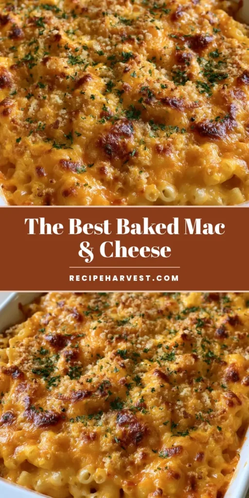 Baked Macaroni and Cheese with a Golden Bubbly Crust 4 A rectangular white ceramic dish overflowing with creamy Baked Macaroni and Cheese, featuring a bubbling golden-brown cheddar crust, breadcrumbs, and parsley flakes.