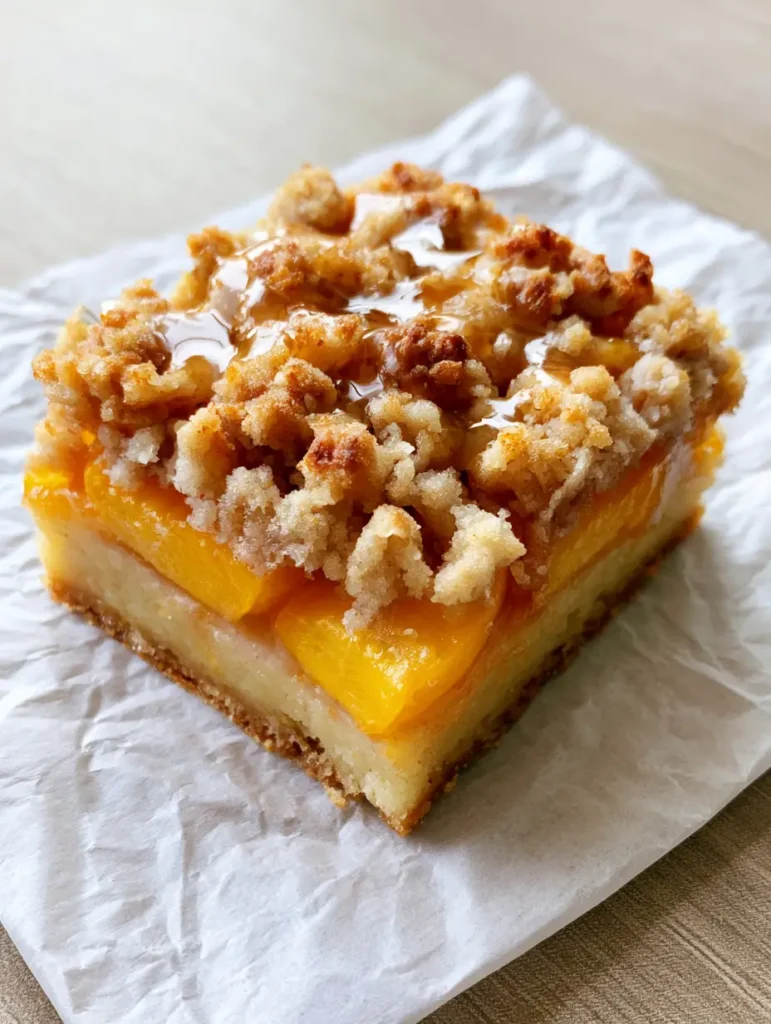 Close up of Peach Crumble Bars on a wooden surface with glossy honey glaze reflecting daylight.