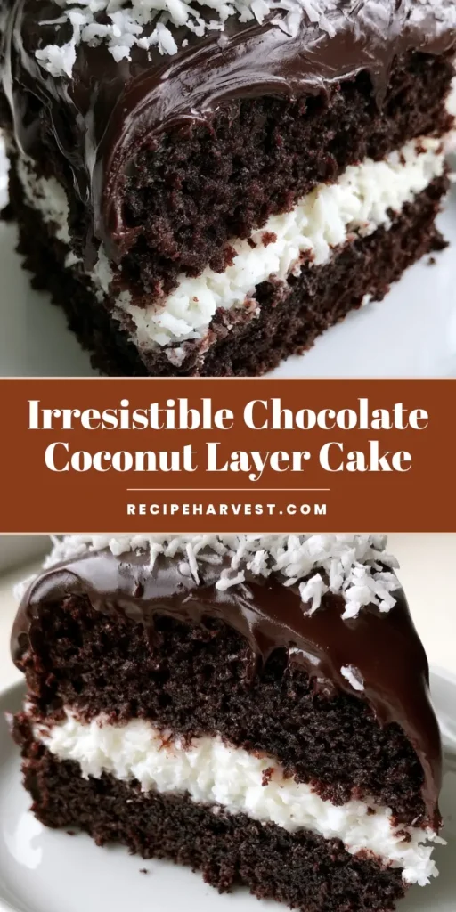 A tall slice of Chocolate Coconut Cake on a white ceramic plate, featuring dark chocolate layers and a thick white coconut filling with glossy chocolate drips.
