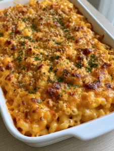 Smartphone photo of Baked Macaroni and Cheese in a white dish, showcasing the thick deep orange sauce and bubbly cheese surface.