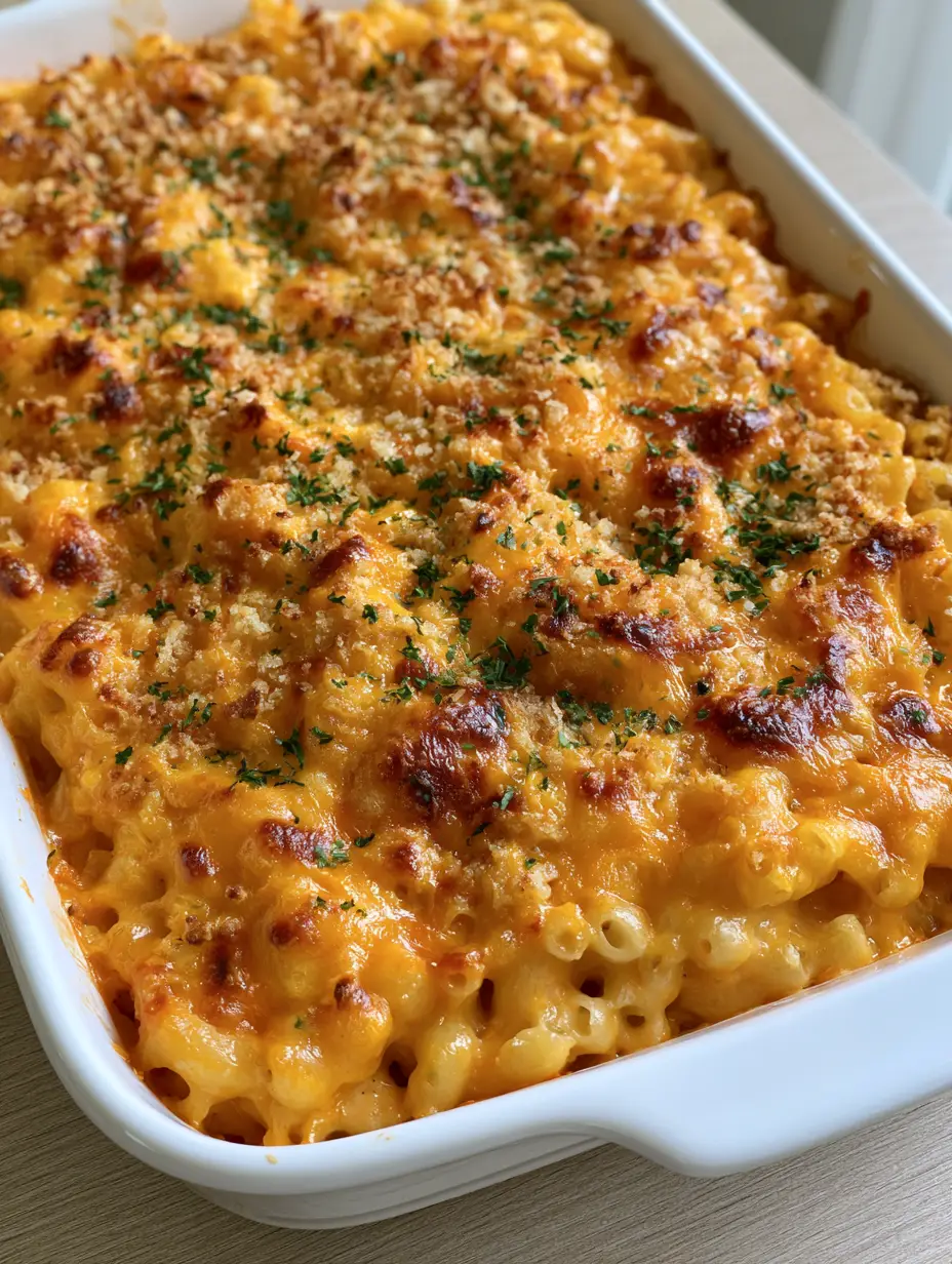 Baked Macaroni and Cheese with a Golden Bubbly Crust 3 Smartphone photo of Baked Macaroni and Cheese in a white dish, showcasing the thick deep orange sauce and bubbly cheese surface.