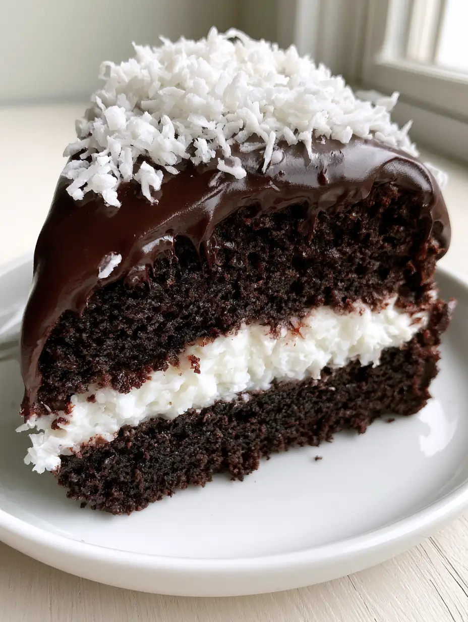 Close-up of a moist double-layer Chocolate Coconut Cake with a dense coconut center and dark chocolate ganache dripping down the side.