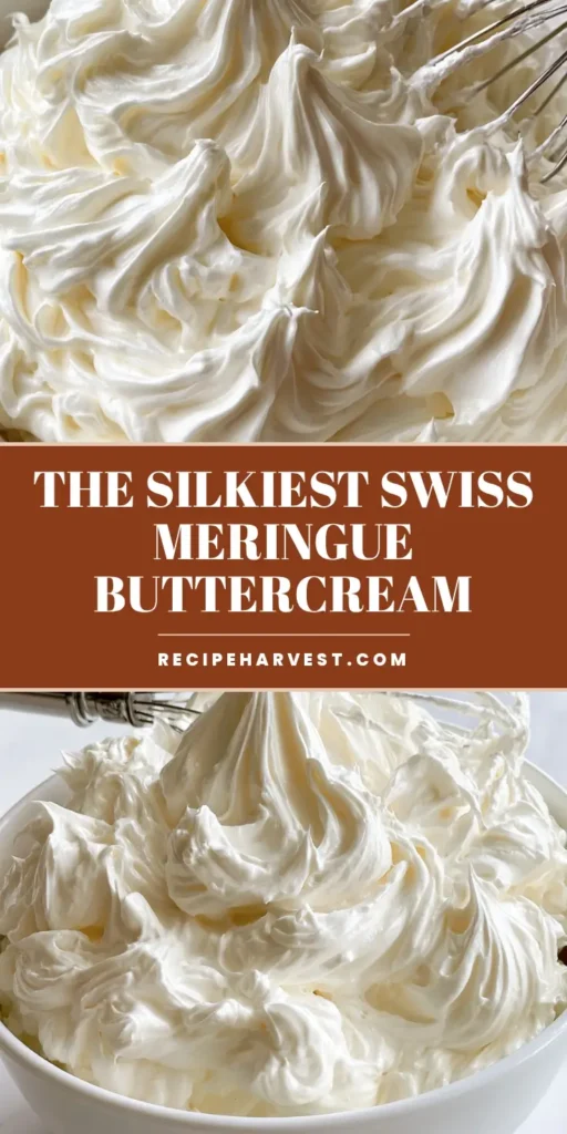 A tall Pinterest pin showing a close-up of a Swiss Meringue Buttercream Recipe with glossy white peaks in a ceramic bowl.