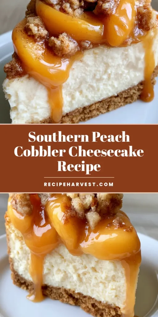 A tall slice of Southern Peach Cobbler Cheesecake with cinnamon peaches and amber syrup on a white plate.