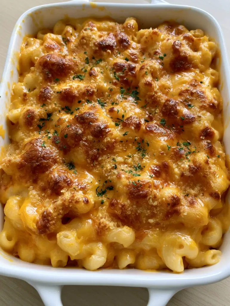 Baked Macaroni and Cheese with a Golden Bubbly Crust 1 Overhead view of Baked Macaroni and Cheese with golden-brown charred spots and toasted breadcrumbs on a wood surface.