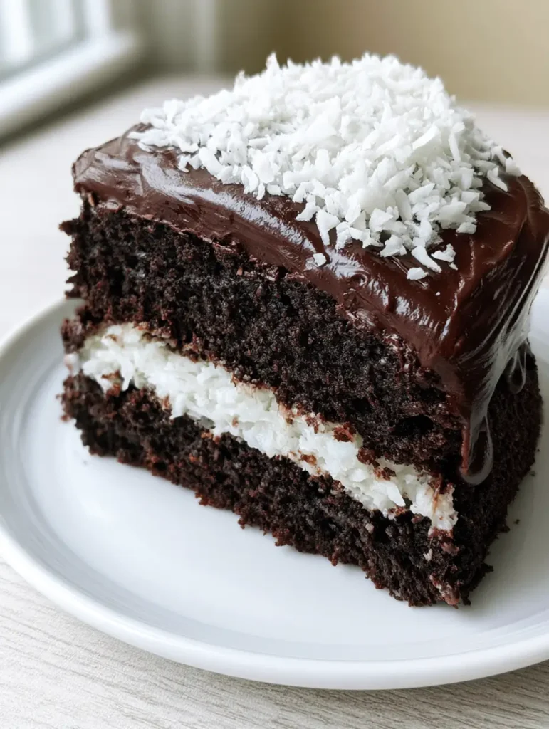 A slice of Chocolate Coconut Cake on a white plate, highlighting the crumbly dark chocolate texture and the shredded coconut garnish.