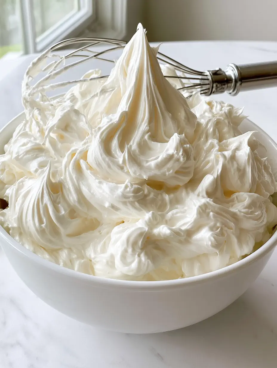A large white ceramic mixing bowl overflowing with thick, glossy Swiss Meringue Buttercream Recipe with zero air bubbles.