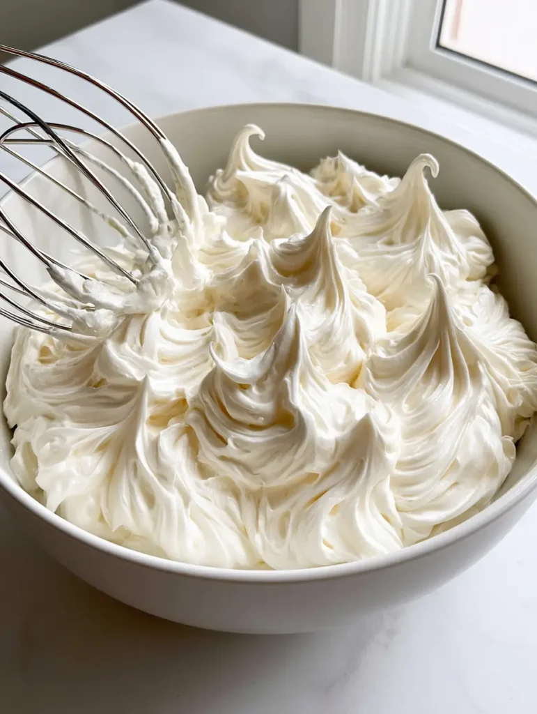 Close-up of a stainless steel whisk attachment coated in stiff peaks of a Swiss Meringue Buttercream Recipe.