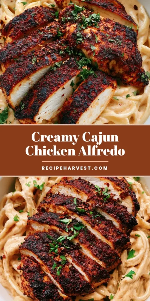 Cajun Chicken Fettuccine Alfredo: A Bold, Creamy 30-Minute Dinner 3 A top-down view of Cajun Chicken Fettuccine Alfredo in a white bowl, featuring seared chicken with a dark reddish-brown crust on creamy pale-orange pasta.