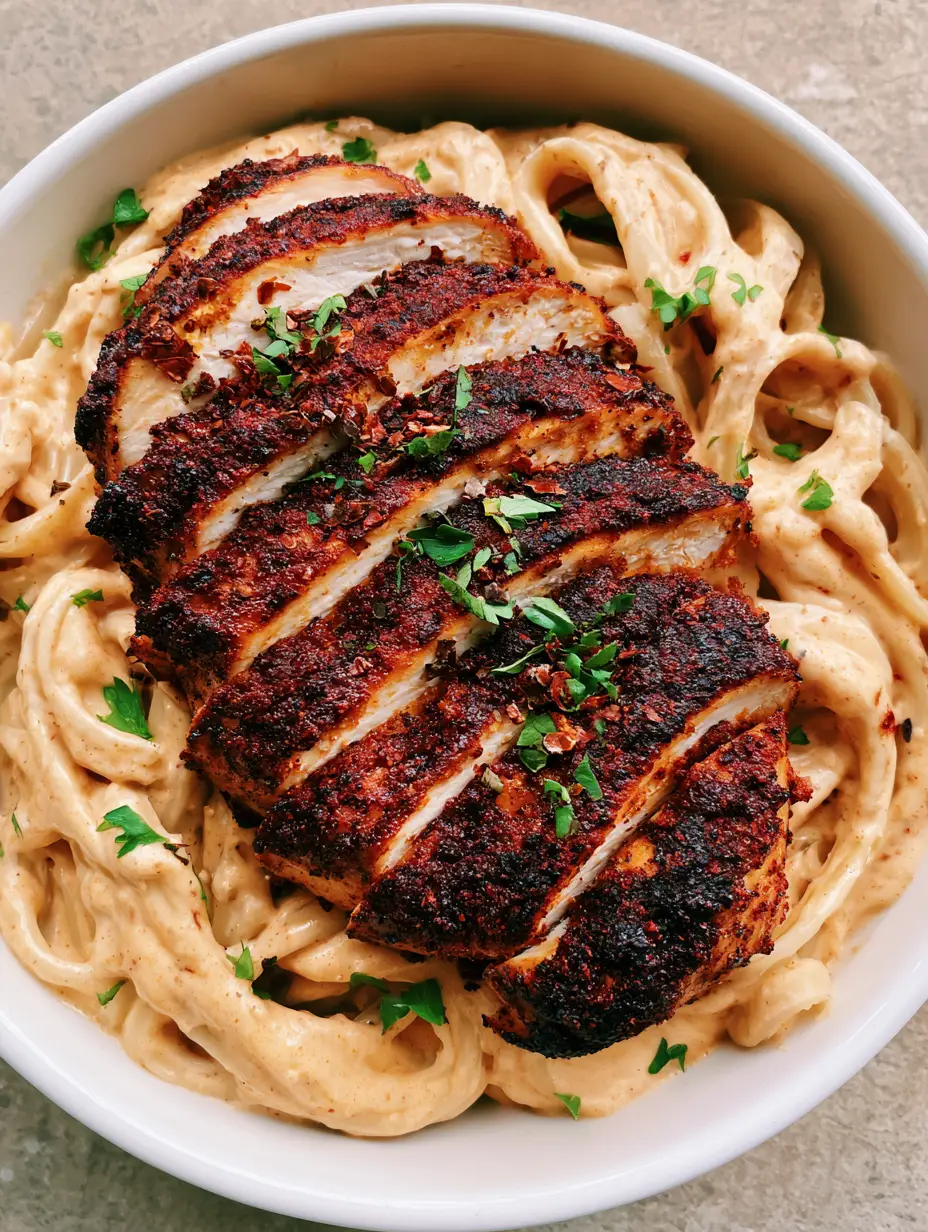 Cajun Chicken Fettuccine Alfredo: A Bold, Creamy 30-Minute Dinner 4 Close-up of Cajun Chicken Fettuccine Alfredo showing the creamy sauce and spicy chicken slices garnished with parsley.