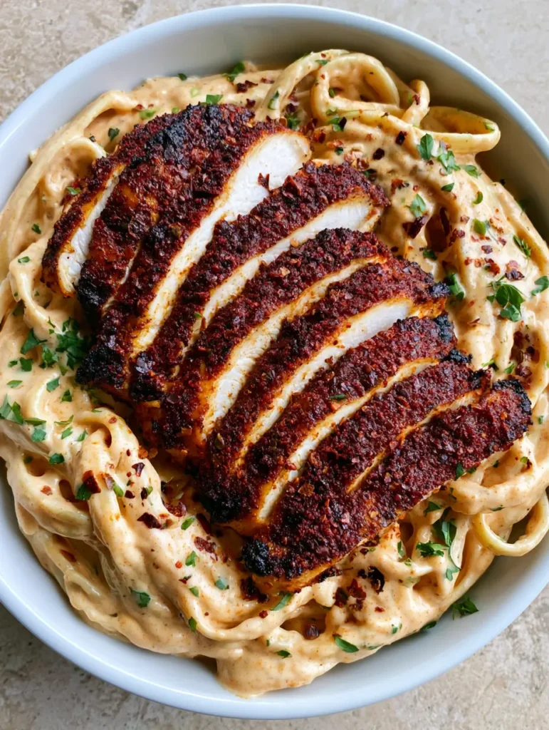Cajun Chicken Fettuccine Alfredo: A Bold, Creamy 30-Minute Dinner 1 Slices of seared Cajun chicken breast with a juicy white center sitting atop fettuccine noodles.