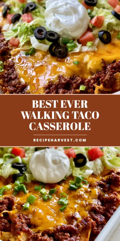 A close-up vertical view of Walking Taco Casserole featuring layers of Fritos, seasoned beef, bubbly cheddar cheese, lettuce, tomatoes, and a central dollop of sour cream.