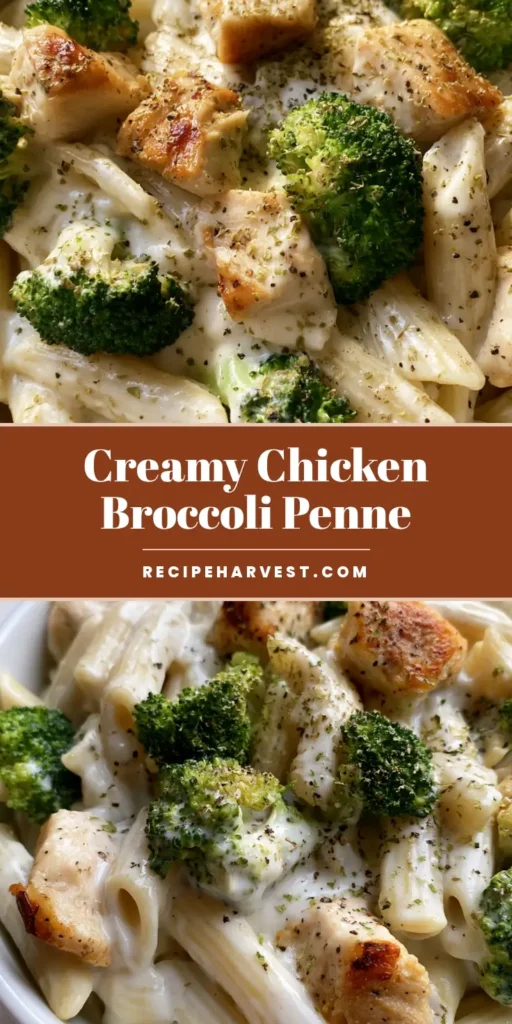A top-down view of Broccoli Chicken Penne with thick garlic cream sauce and vibrant green broccoli.