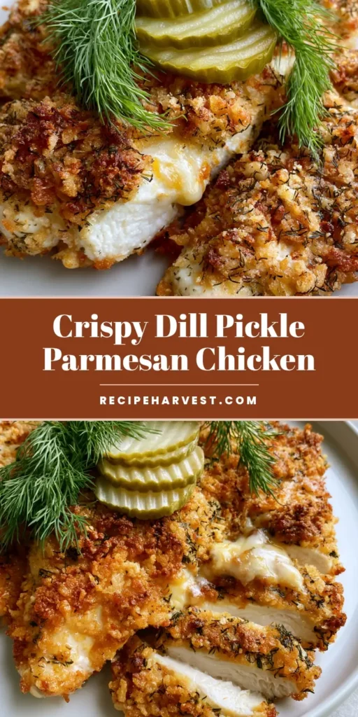 A stack of crispy Dill Pickle Parmesan Chicken with ridged pickles and fresh dill on a white plate.