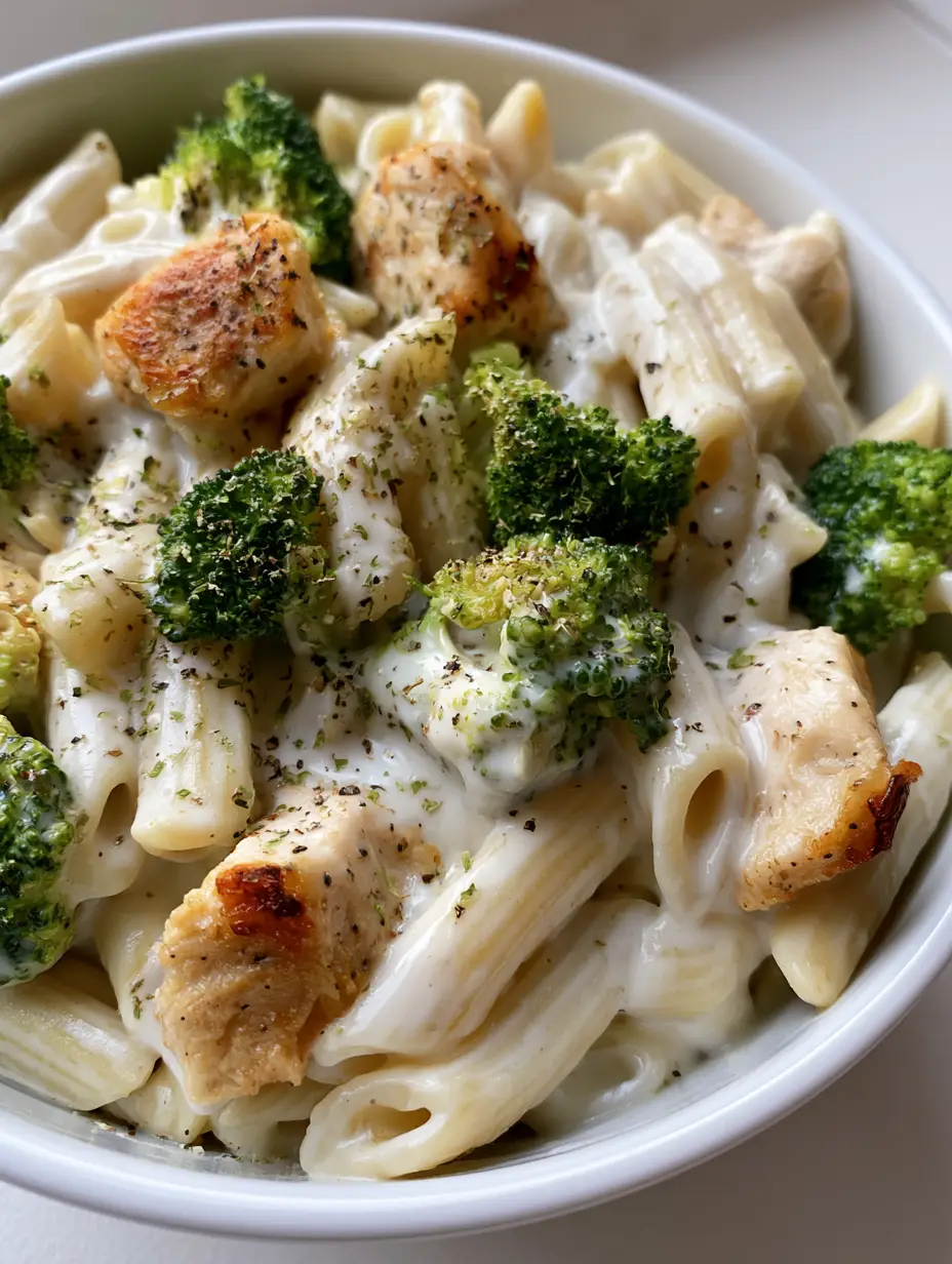 Close-up handheld photo of Broccoli Chicken Penne in a white bowl showing glossy cream sauce and seared chicken.