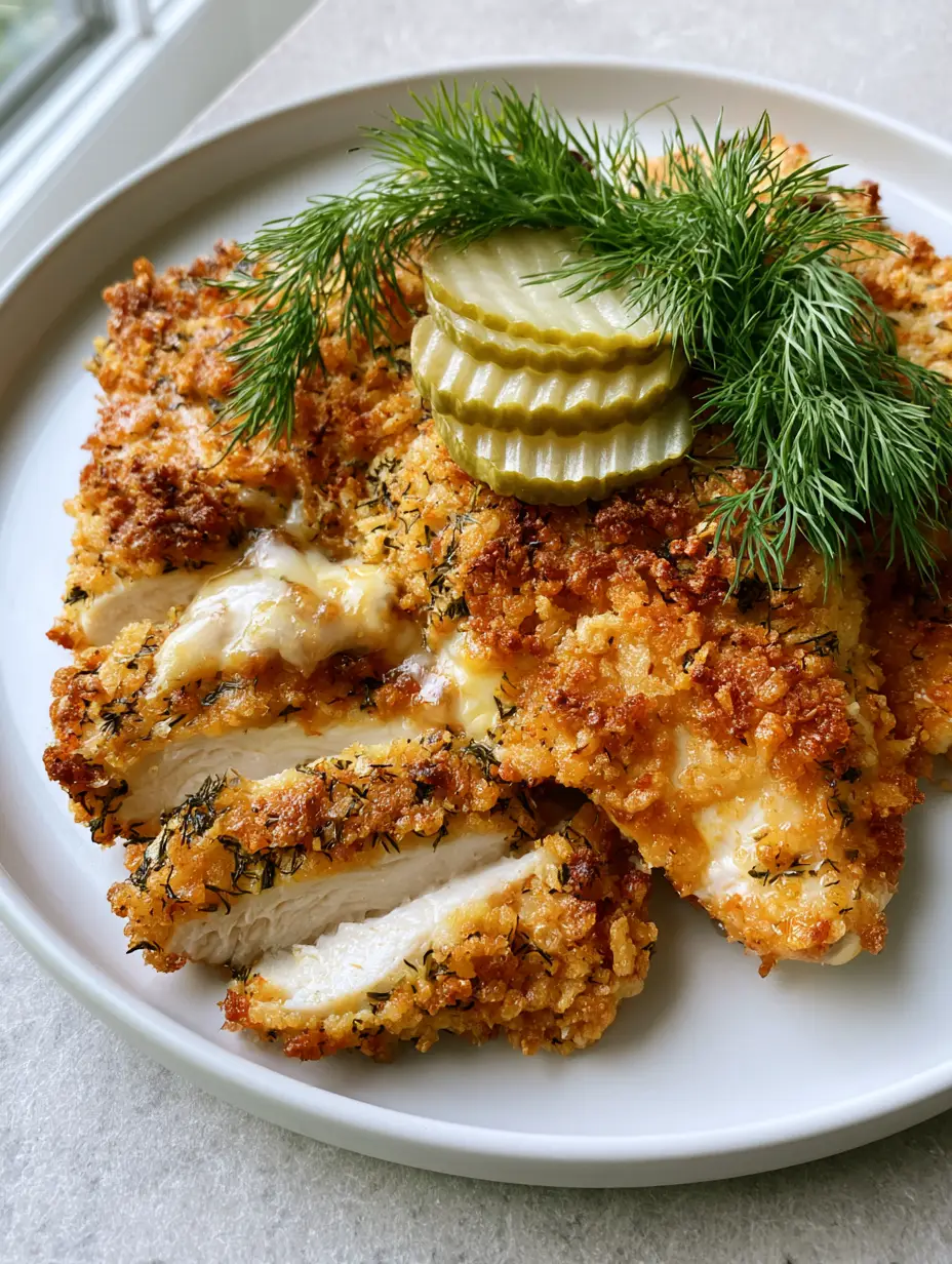 Close up of golden-brown breaded chicken breast sliced to show juicy white meat. (Dill Pickle Parmesan Chicken)