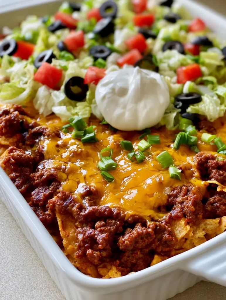 A top-down view of the Walking Taco Casserole garnished with olives, green onions, and bright red tomatoes.