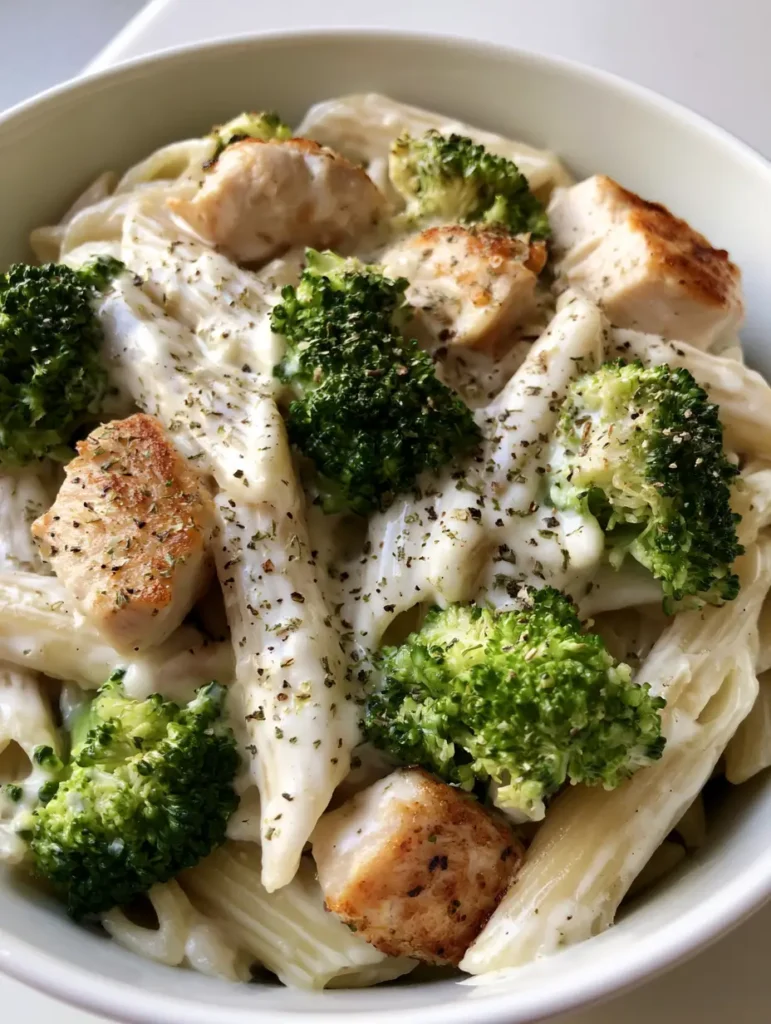 Broccoli Chicken Penne garnished with cracked black pepper and dried herb flakes.