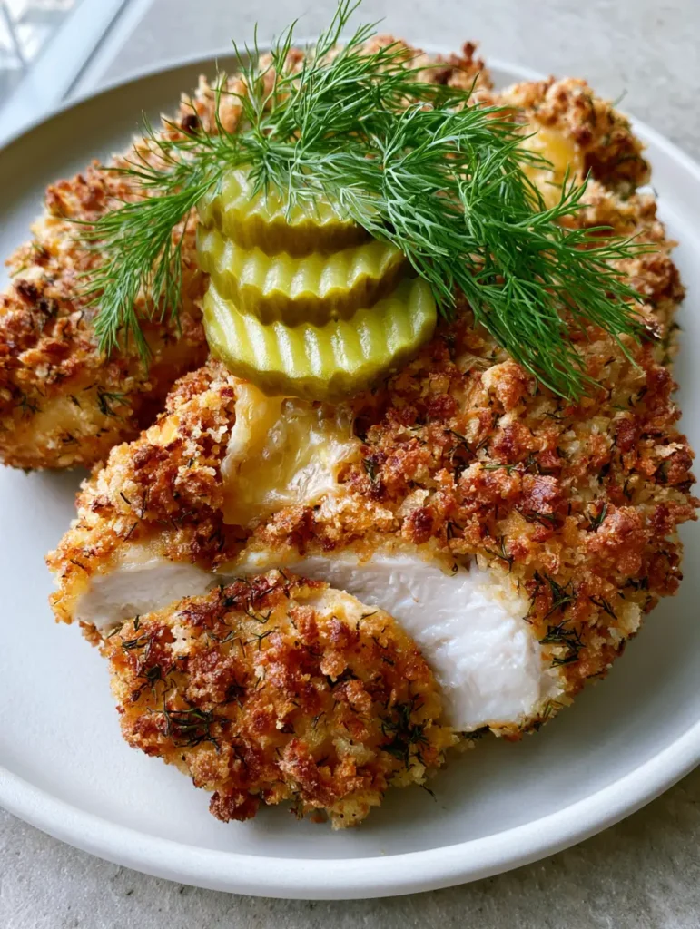 Dill Pickle Parmesan Chicken garnished with three thin ridged pickle rounds and fresh dill.