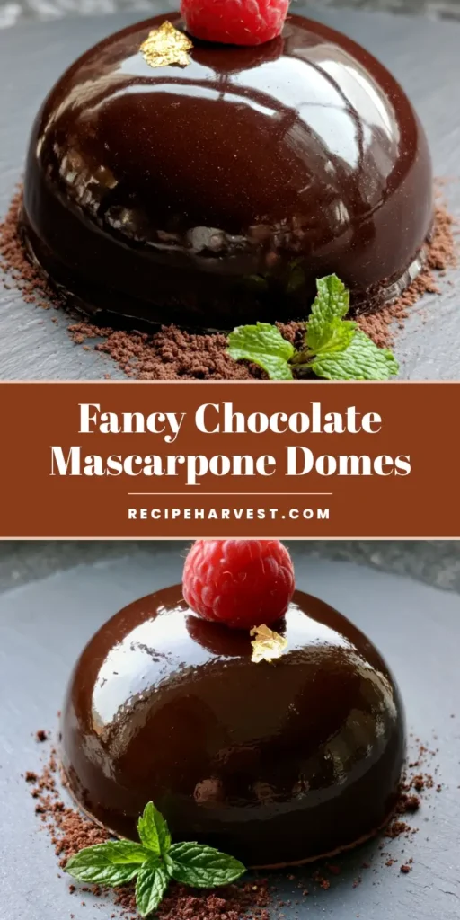 A professional Chocolate Mascarpone Dome with a glossy mirror glaze, topped with a fresh raspberry and gold leaf. (Chocolate Mascarpone Dome)
