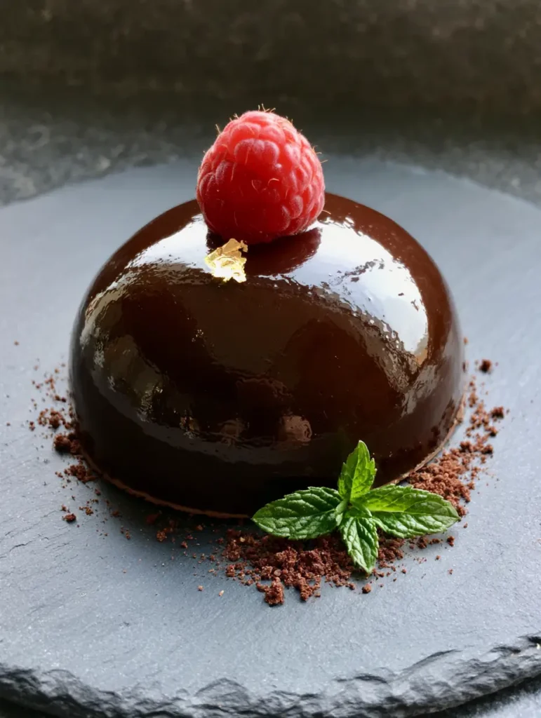 Top view of a Chocolate Mascarpone Dome showing the fresh raspberry and gold leaf garnish.