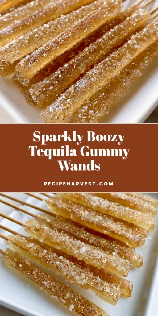 Tequila Gummy Wands: The Ultimate Sparkling Boozy Party Treat 4 A vertical arrangement of Tequila Gummy Wands on wooden skewers, coated in iridescent glitter and sugar, lying on a white plate. (Tequila Gummy Wands)