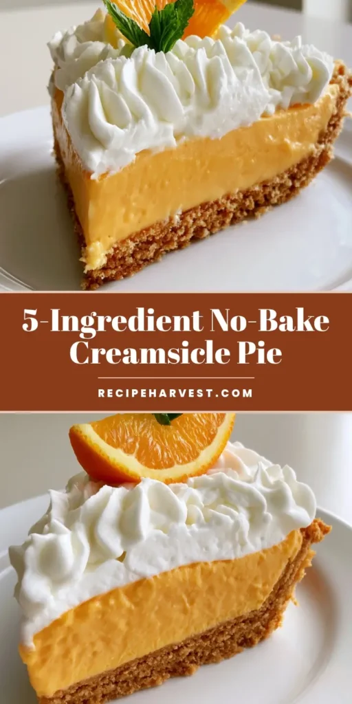 A tall, vertical shot of an Orange Creamsicle Pie with a thick cookie crust, vibrant orange filling, and fluffy whipped cream topping.
