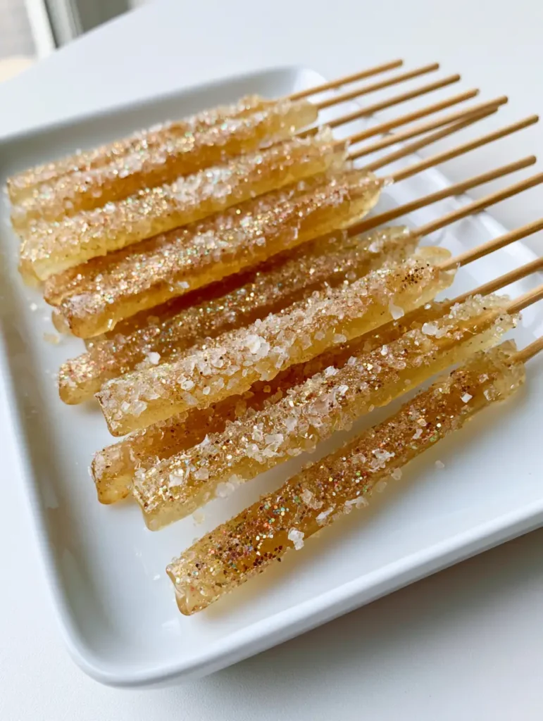 Close-up photo of translucent Tequila Gummy Wands threaded on wooden skewers with a heavy coating of stardust glitter. (Tequila Gummy Wands)