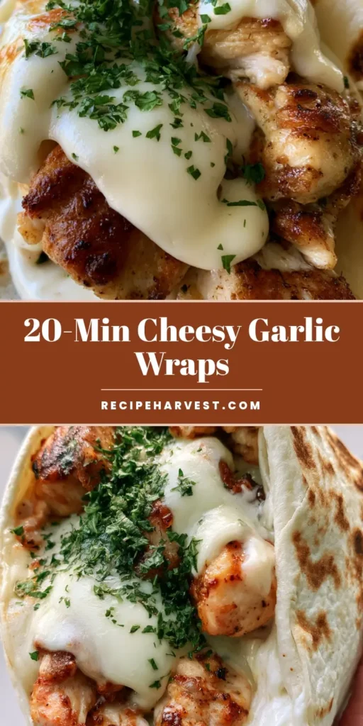 Cheesy Garlic Chicken Wraps with Melted Mozzarella and Garlic Sauce 4 A handheld close-up of a Cheesy Garlic Chicken Wrap showing a massive cheese pull, juicy garlic chicken, and fresh parsley garnish.