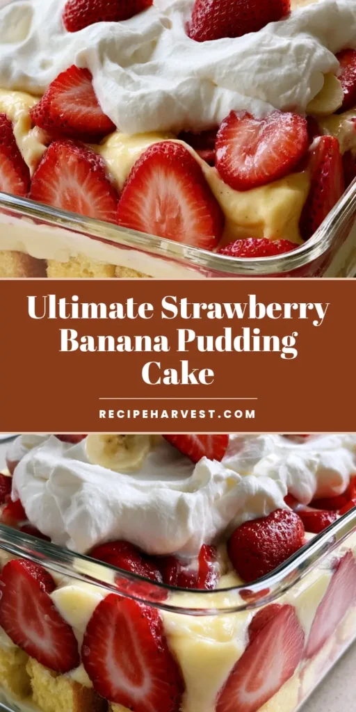Strawberry Banana Pudding Cake: The Ultimate Layered Summer Dessert 4 A layered Strawberry Banana Pudding Cake in a clear glass dish with visible sponge cake, banana pudding, and strawberry slices.
