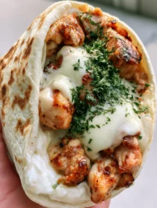 Close up of seared garlic chicken and melted mozzarella inside a toasted flour tortilla wrap. (Cheesy Garlic Chicken Wraps)